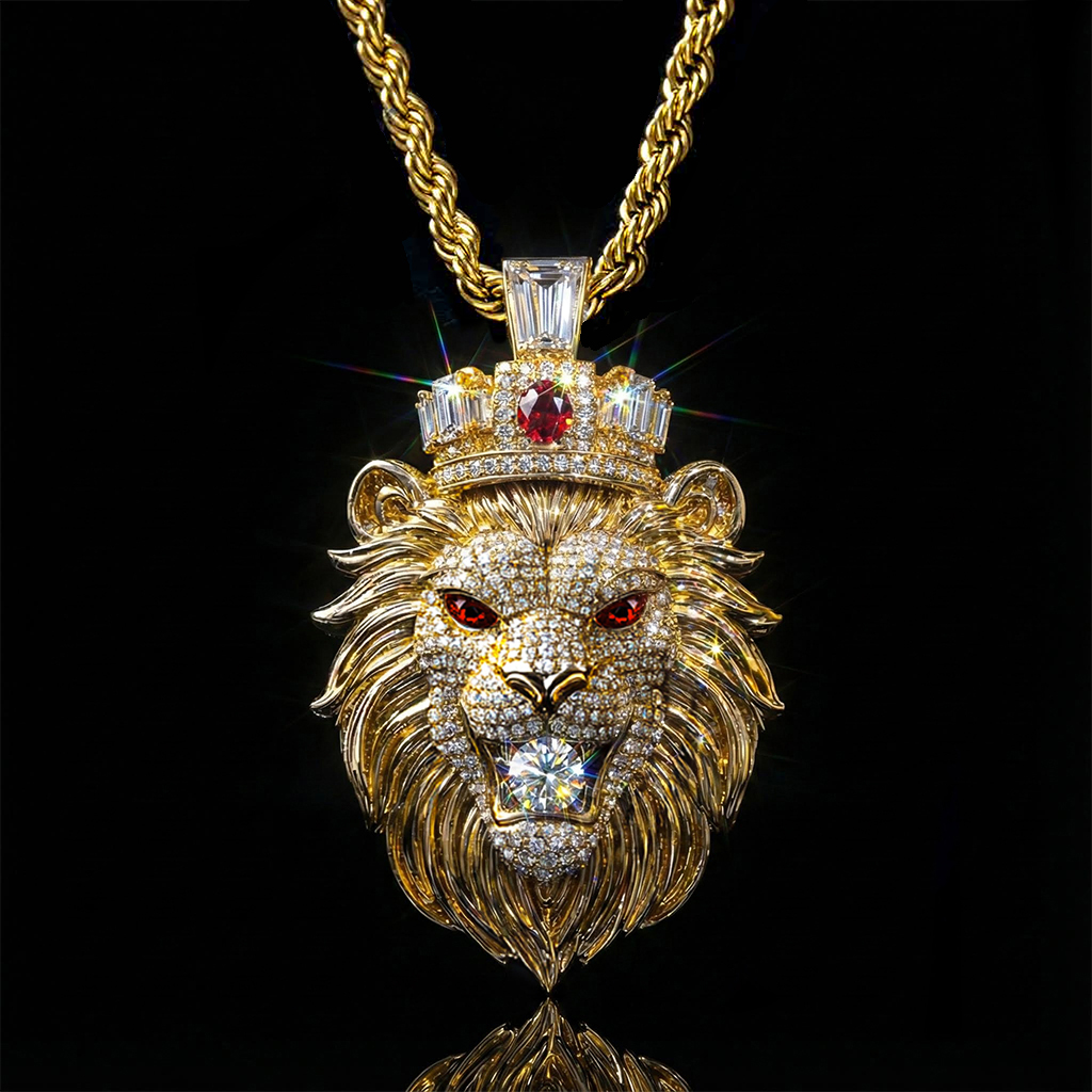 Red Stone Eye Lion Bites Round Cut Diamond Pendant With Iced Out Shine