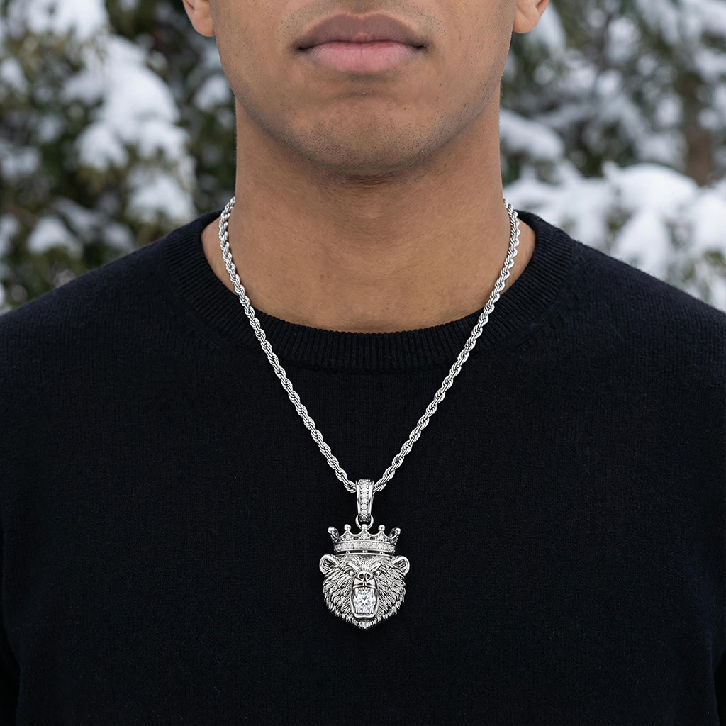 Iced Out Bear Bites Round Cut Diamond Crown Pendant Moissanite - Image 4
