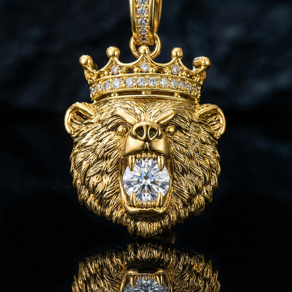 Iced Out Bear Bites Round Cut Diamond Crown Pendant Moissanite - Image 5