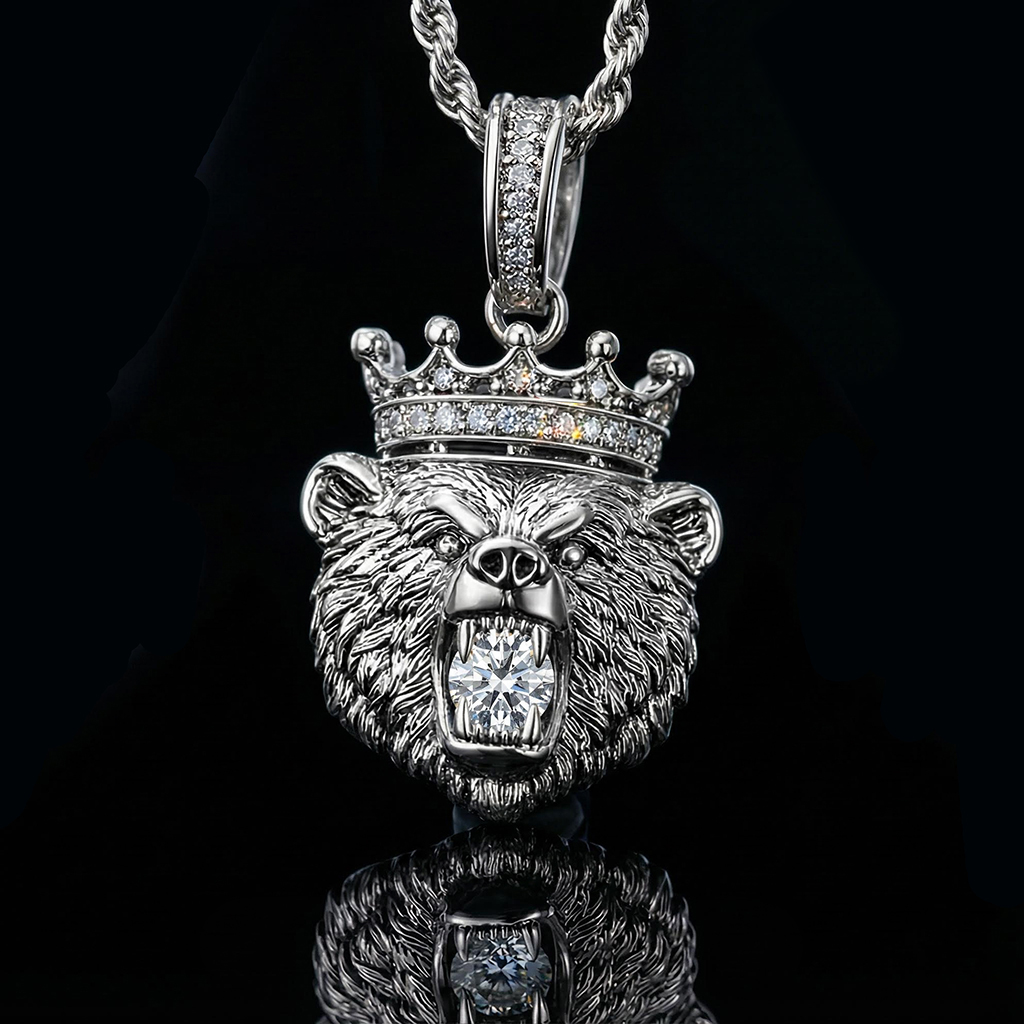 Iced Out Bear Bites Round Cut Diamond Crown Pendant Moissanite