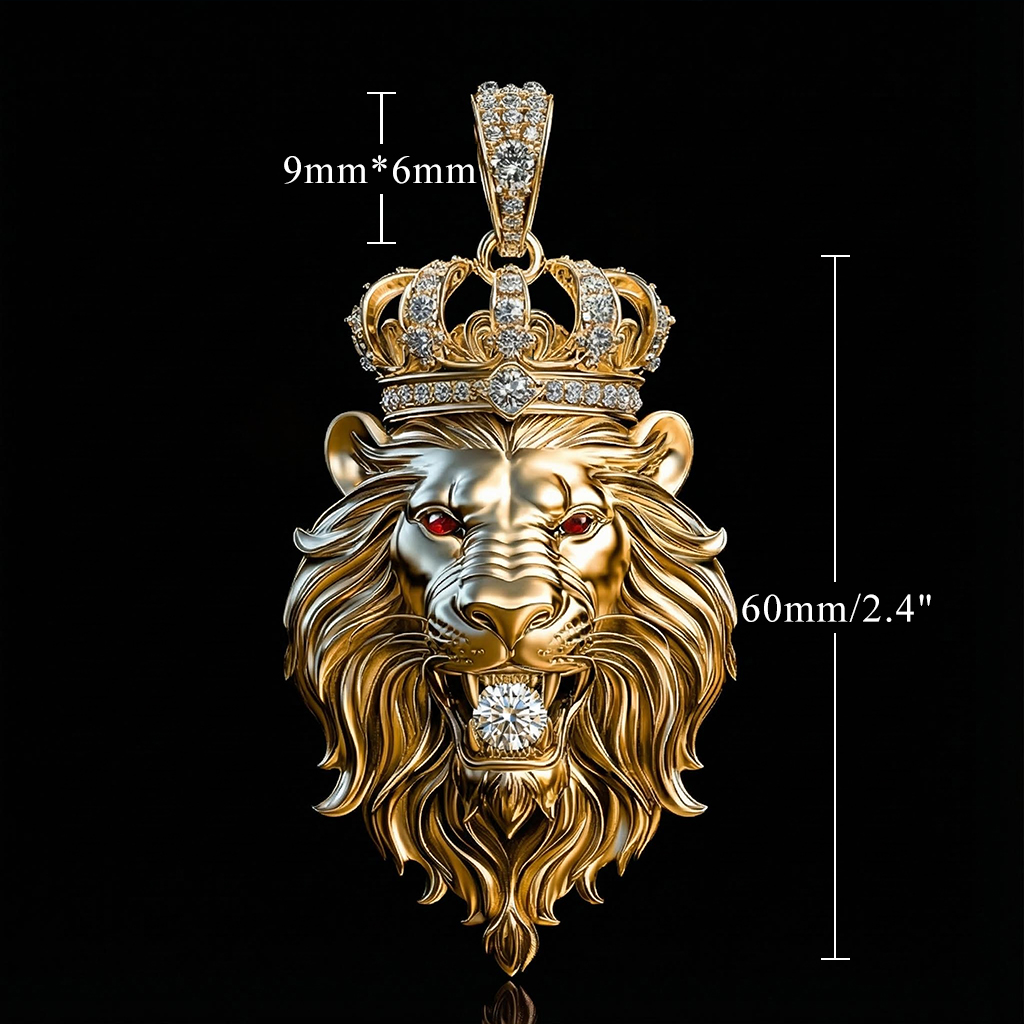 Lion Bites Round Cut Diamond With Crown Pendant In Gold Moissanite - Image 4