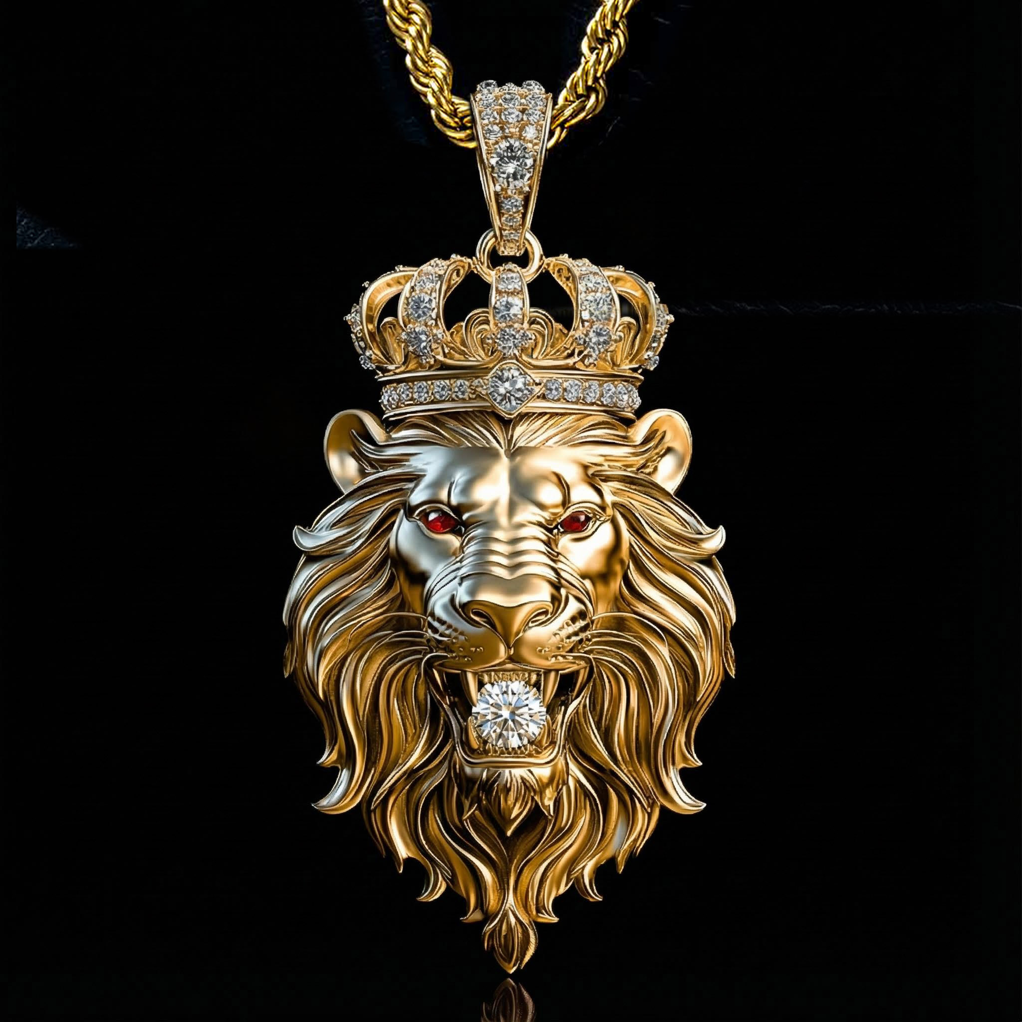 Lion Bites Round Cut Diamond With Crown Pendant In Gold Moissanite