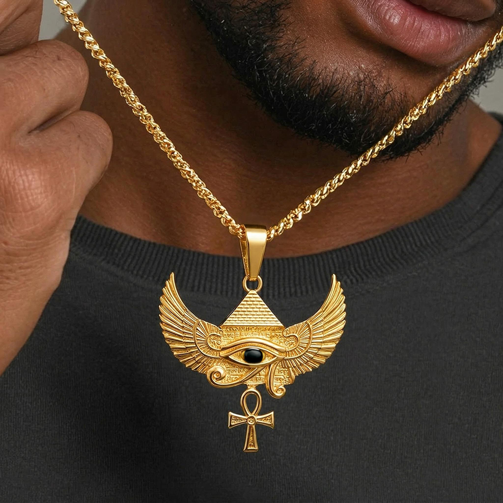 Egyptian Winged Pyramid Eye Of Horus Pendant With Street Luxury Shine - Image 3