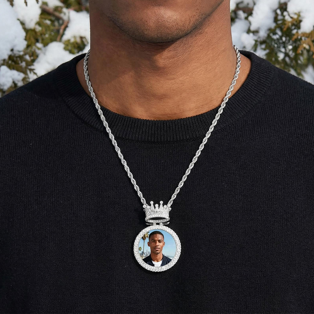 Iced Out Custom Photo & Name Crown Disc Pendant Moissanite - Image 3