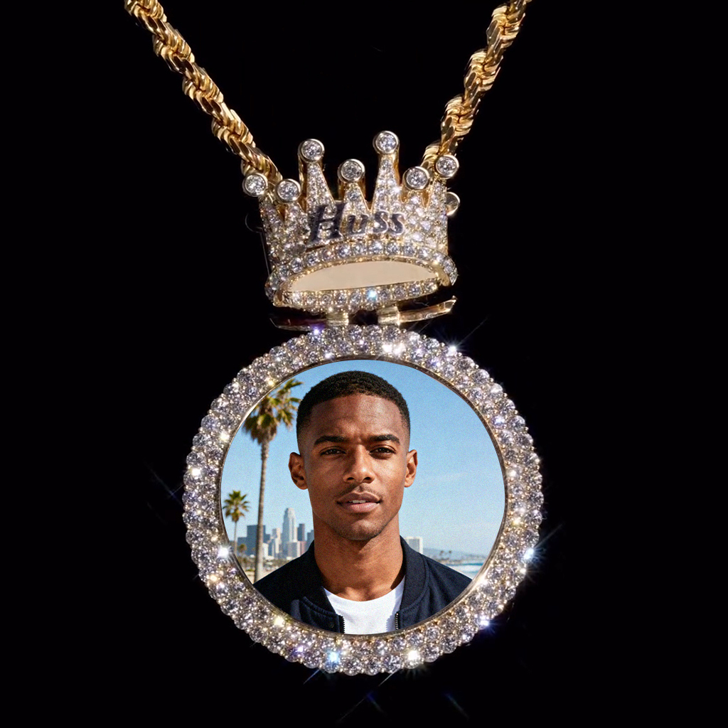 Iced Out Custom Photo & Name Crown Disc Pendant Moissanite - Image 5
