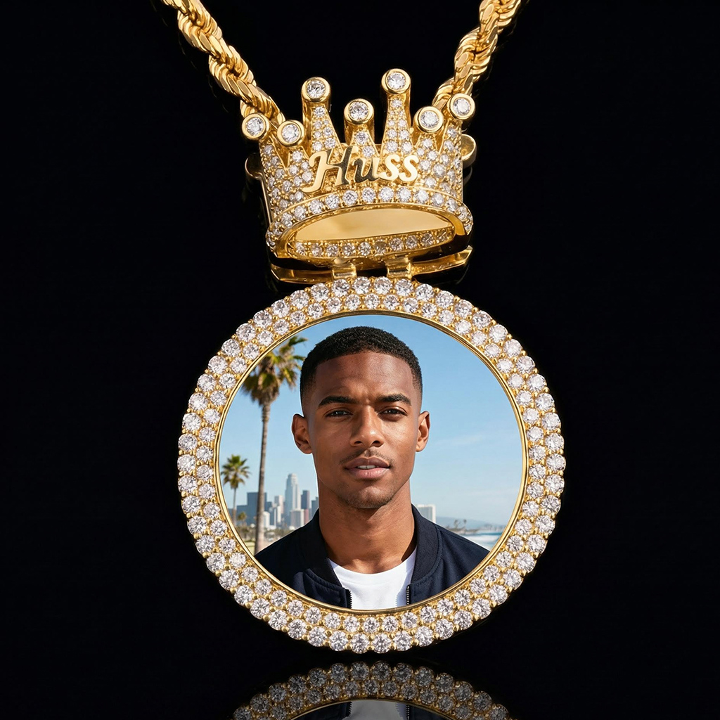 Iced Out Custom Photo & Name Crown Disc Pendant Moissanite