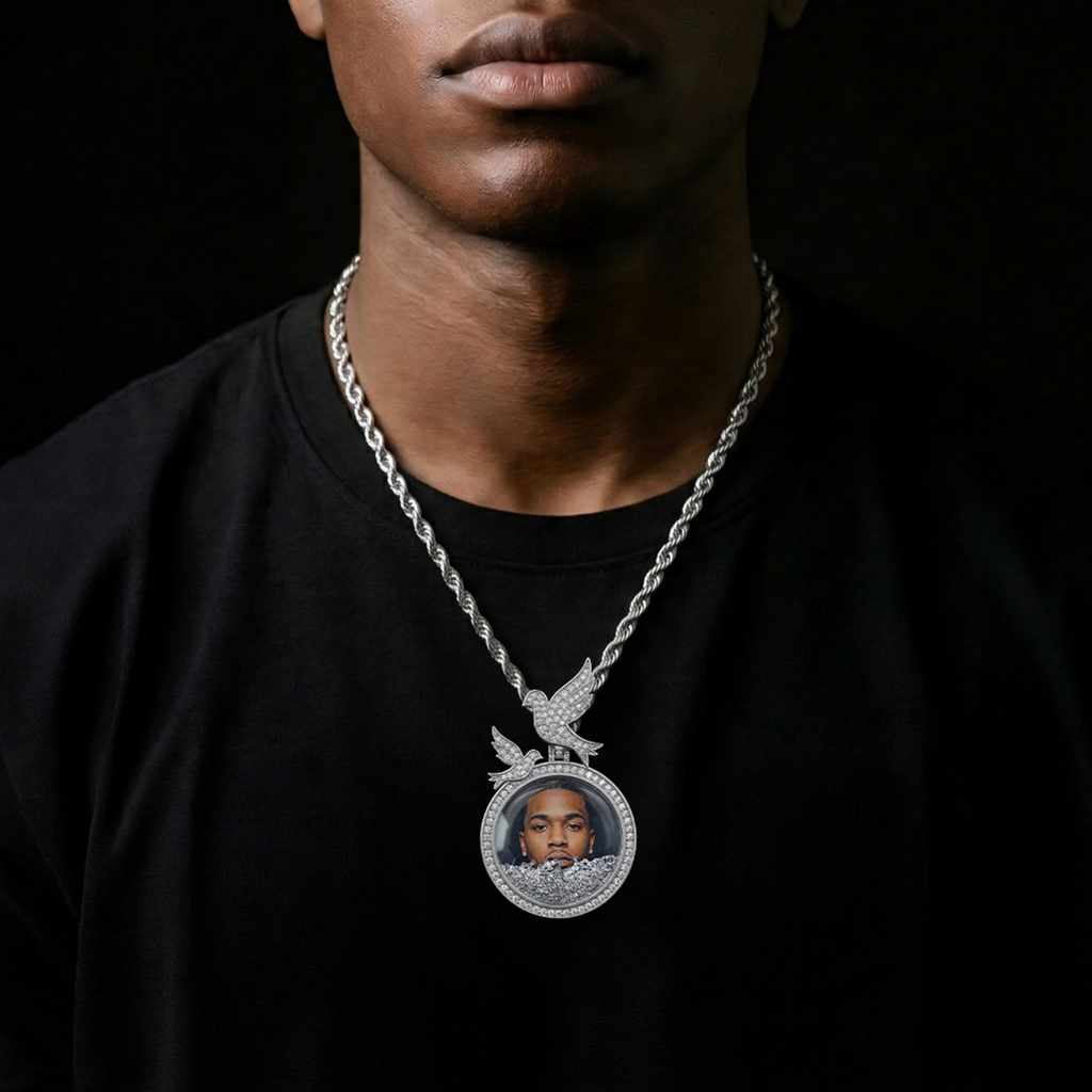 Icy-filled Peace Dove Disc Custom Photo Pendant Moissanite - Image 3