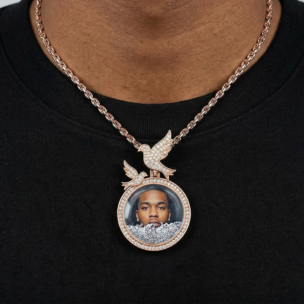 Icy-filled Peace Dove Disc Custom Photo Pendant Moissanite - Image 4