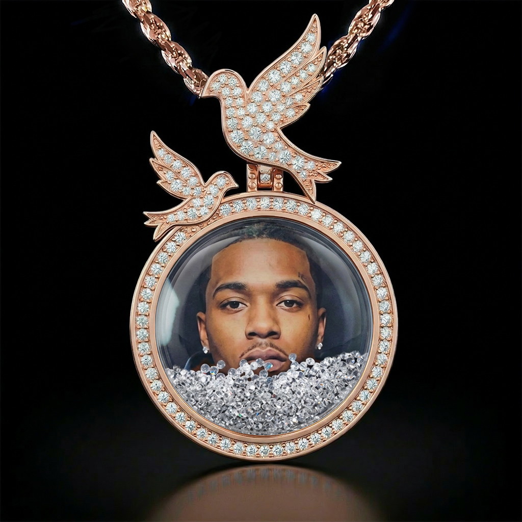 Icy-filled Peace Dove Disc Custom Photo Pendant Moissanite - Image 5