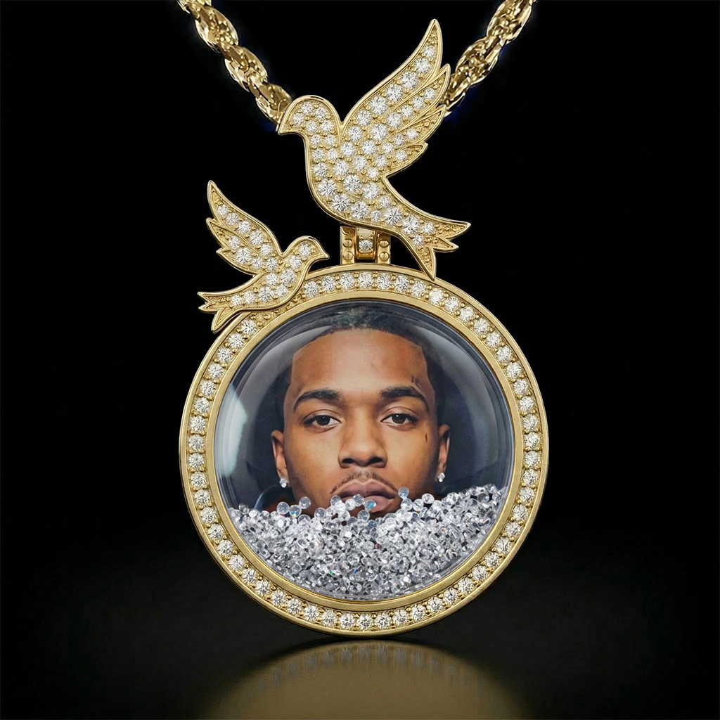 Icy-filled Peace Dove Disc Custom Photo Pendant Moissanite - Image 6