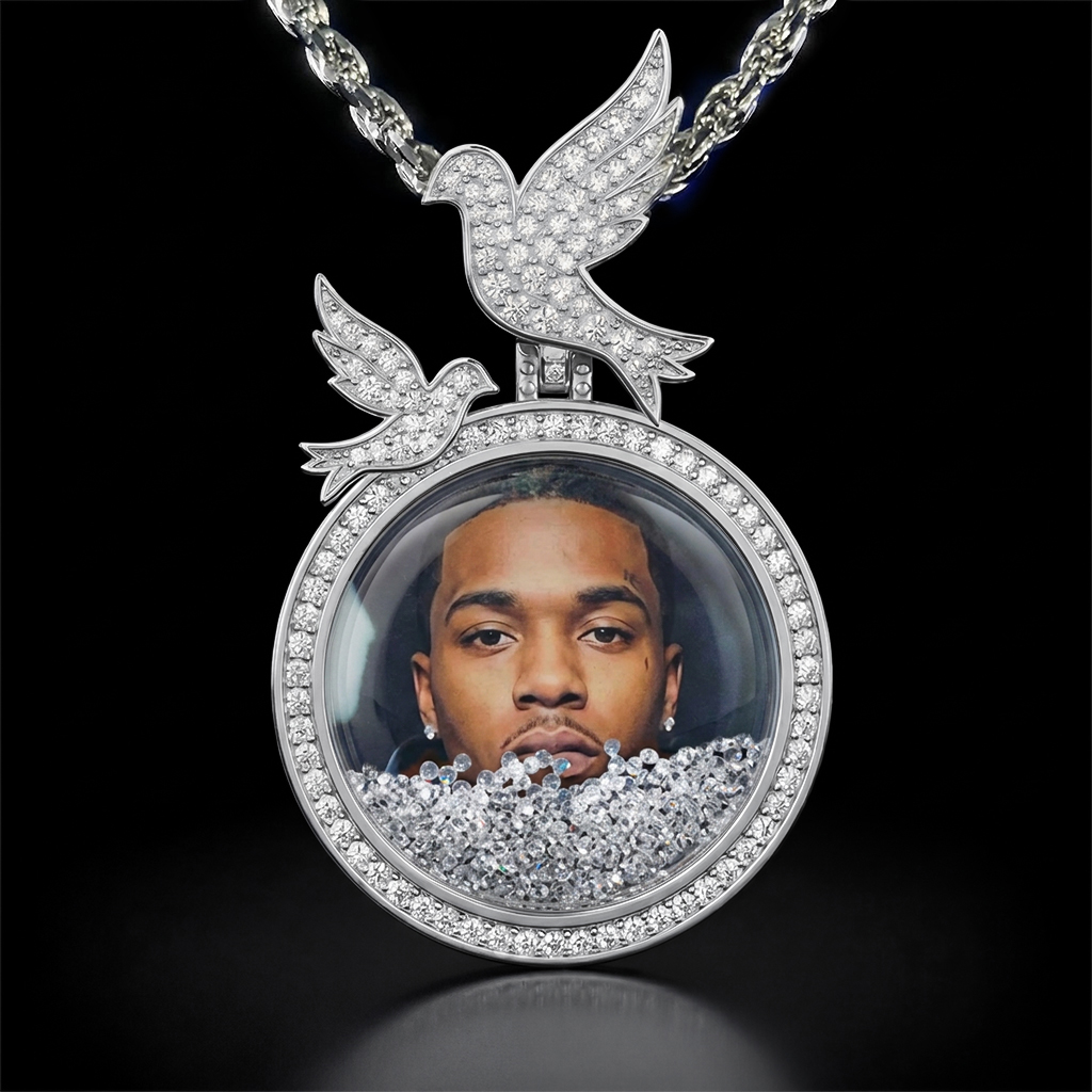 Icy-filled Peace Dove Disc Custom Photo Pendant Moissanite