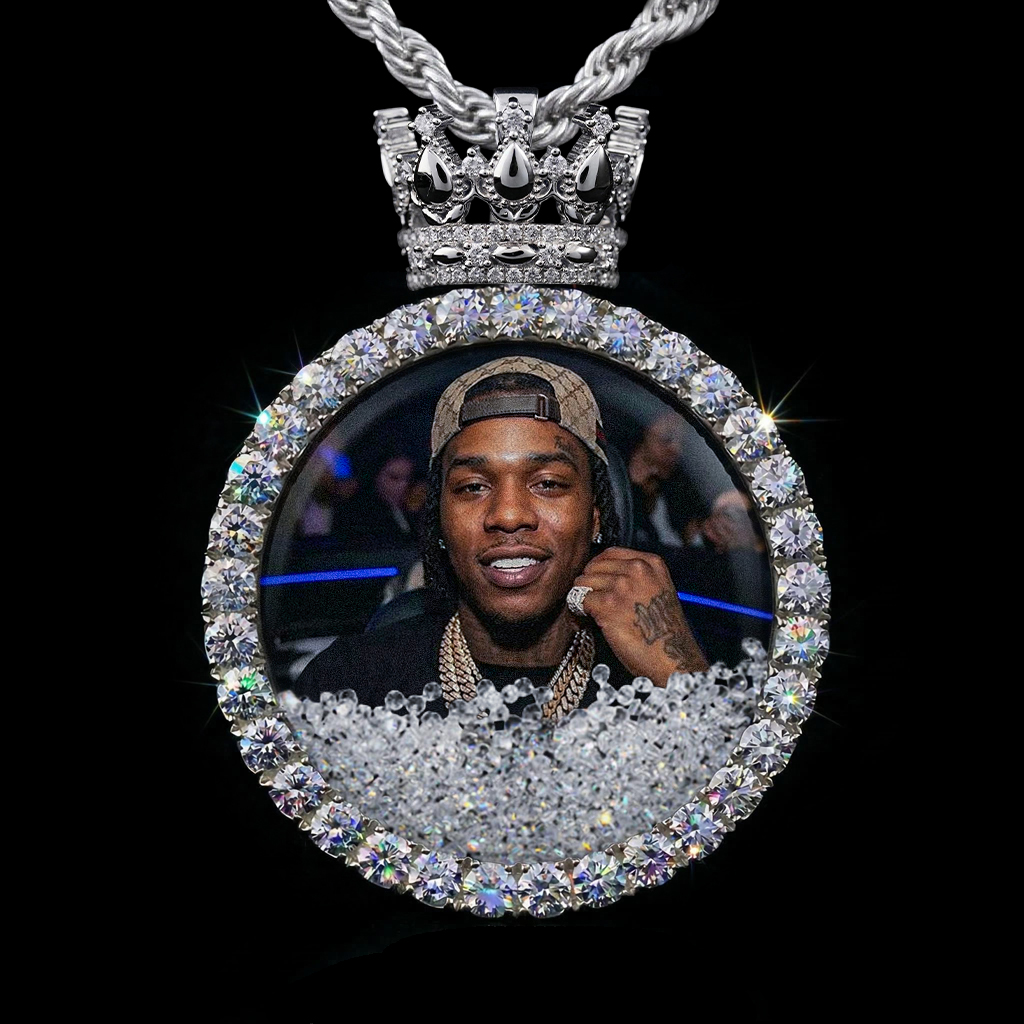 Icy-filled Crown Disc Custom Photo Pendant Silver With Street Luxury Shine