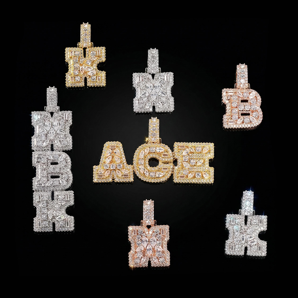 Iced Out Out Marquise&pear&round Cut Custom Letter Pendant Gold - Image 5