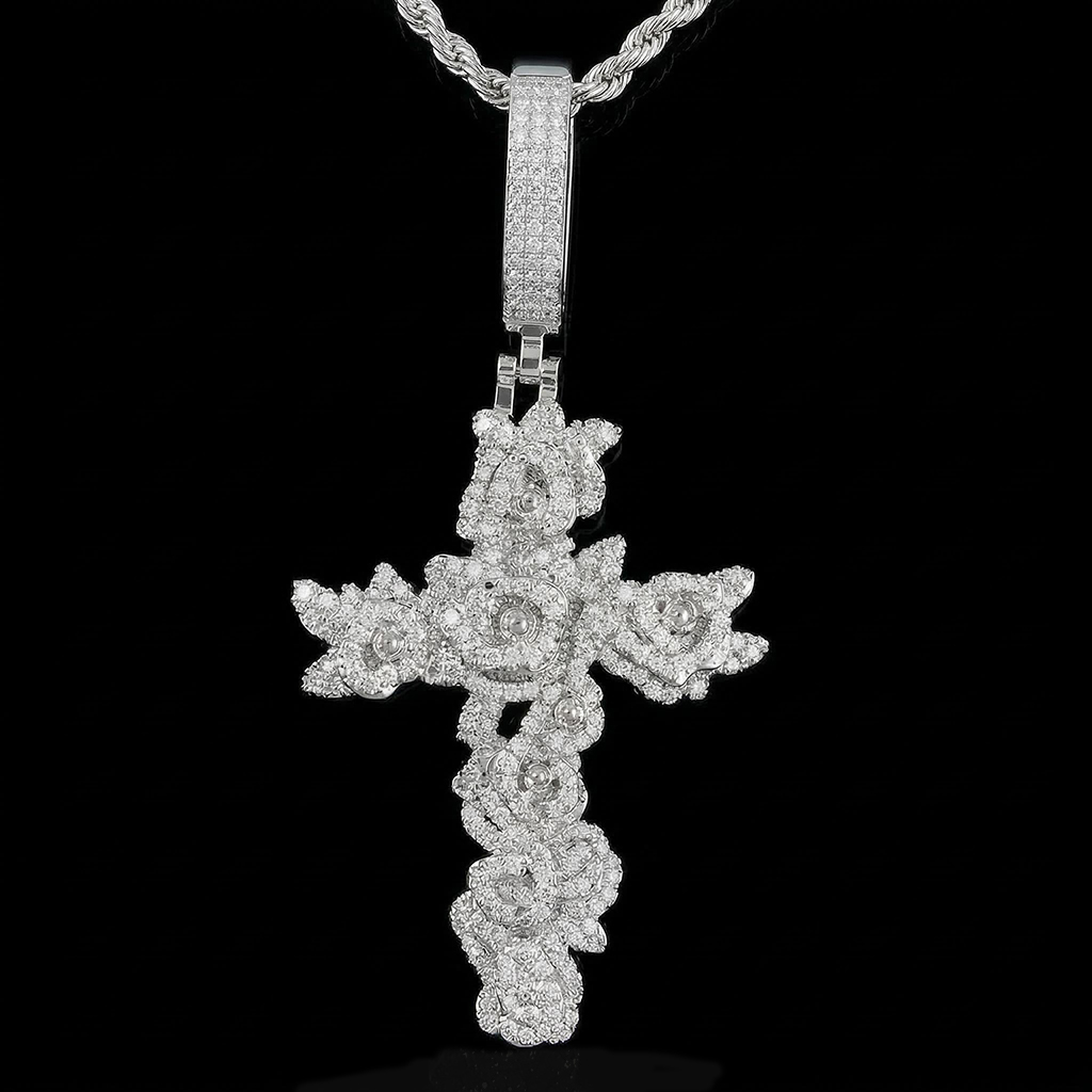 Iced Out Out Rose Cross Pendant Silver With Street Luxury Shine