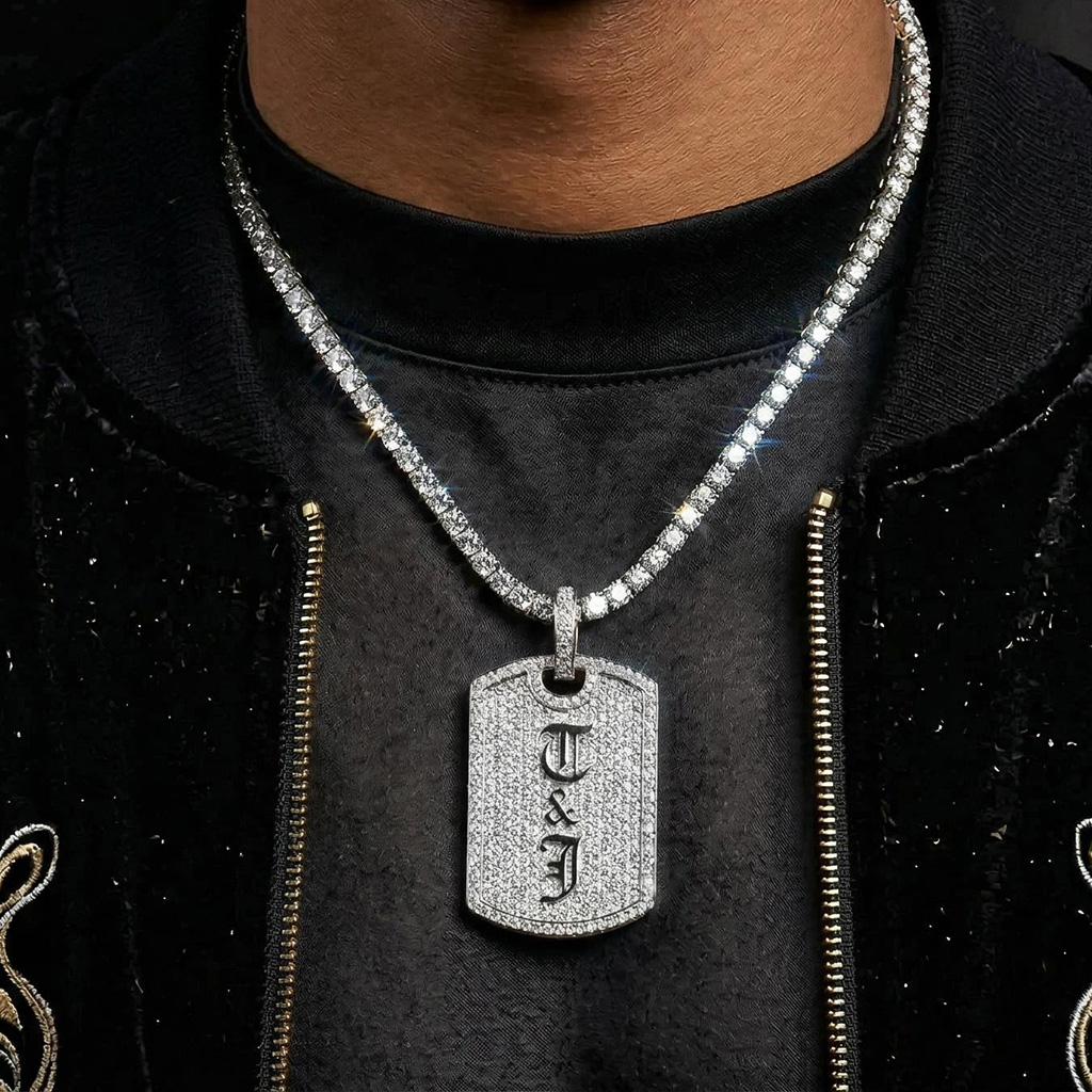 Iced Out Out Old English Custom Name Dog Tag Pendant Moissanite - Image 4
