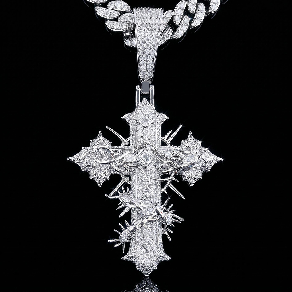 Iced Out Out Thorn Cross Pendant Silver With Street Luxury Shine - Image 3