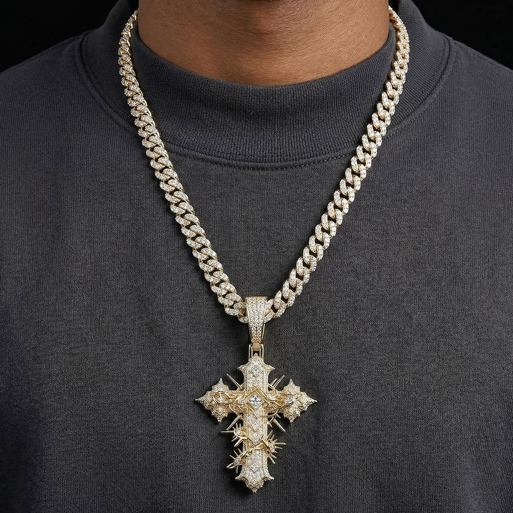 Iced Out Out Thorn Cross Pendant Silver With Street Luxury Shine - Image 5