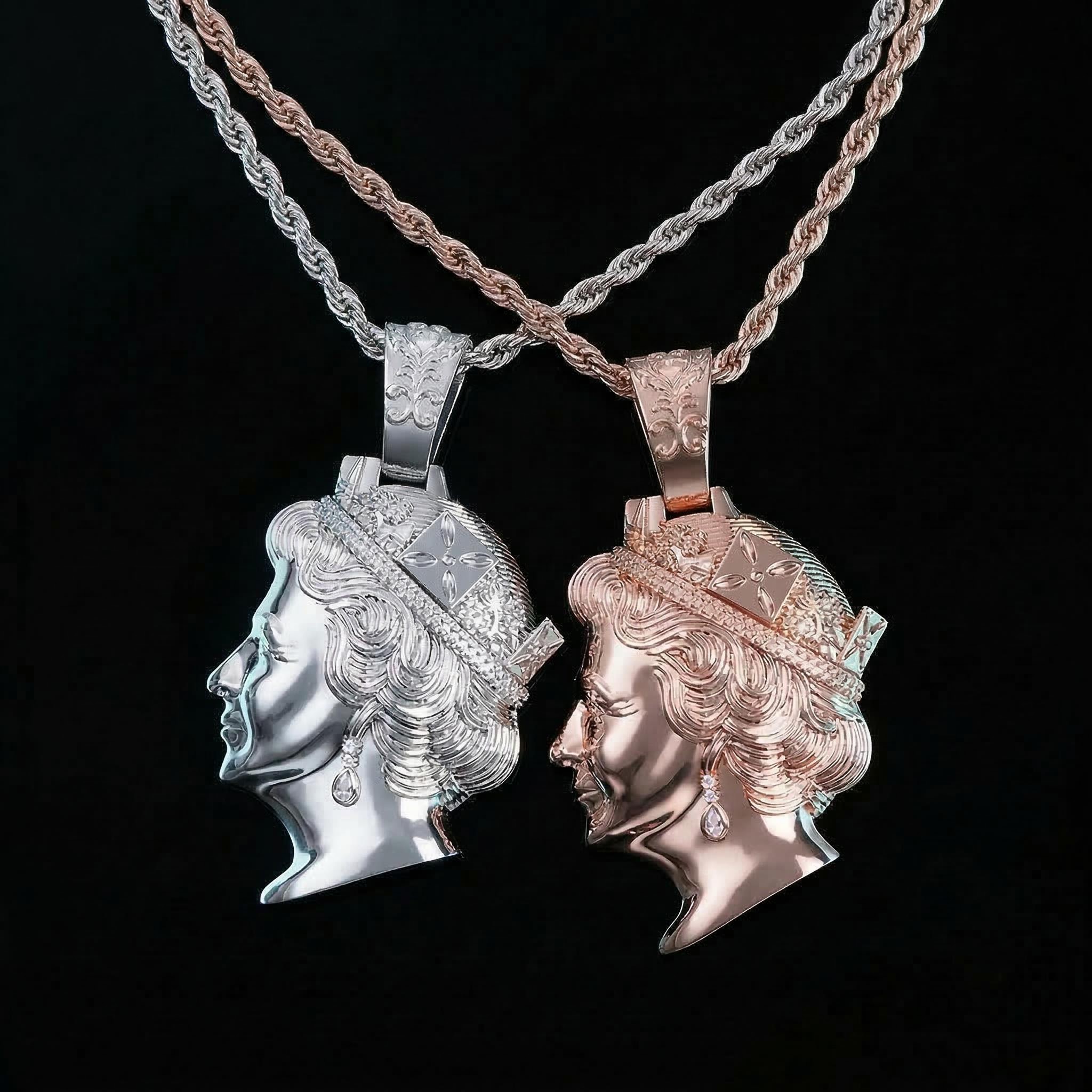 Iced Out Out Dual Queen Elizabeth Pendant Silver With Street Luxury Shine - Image 4