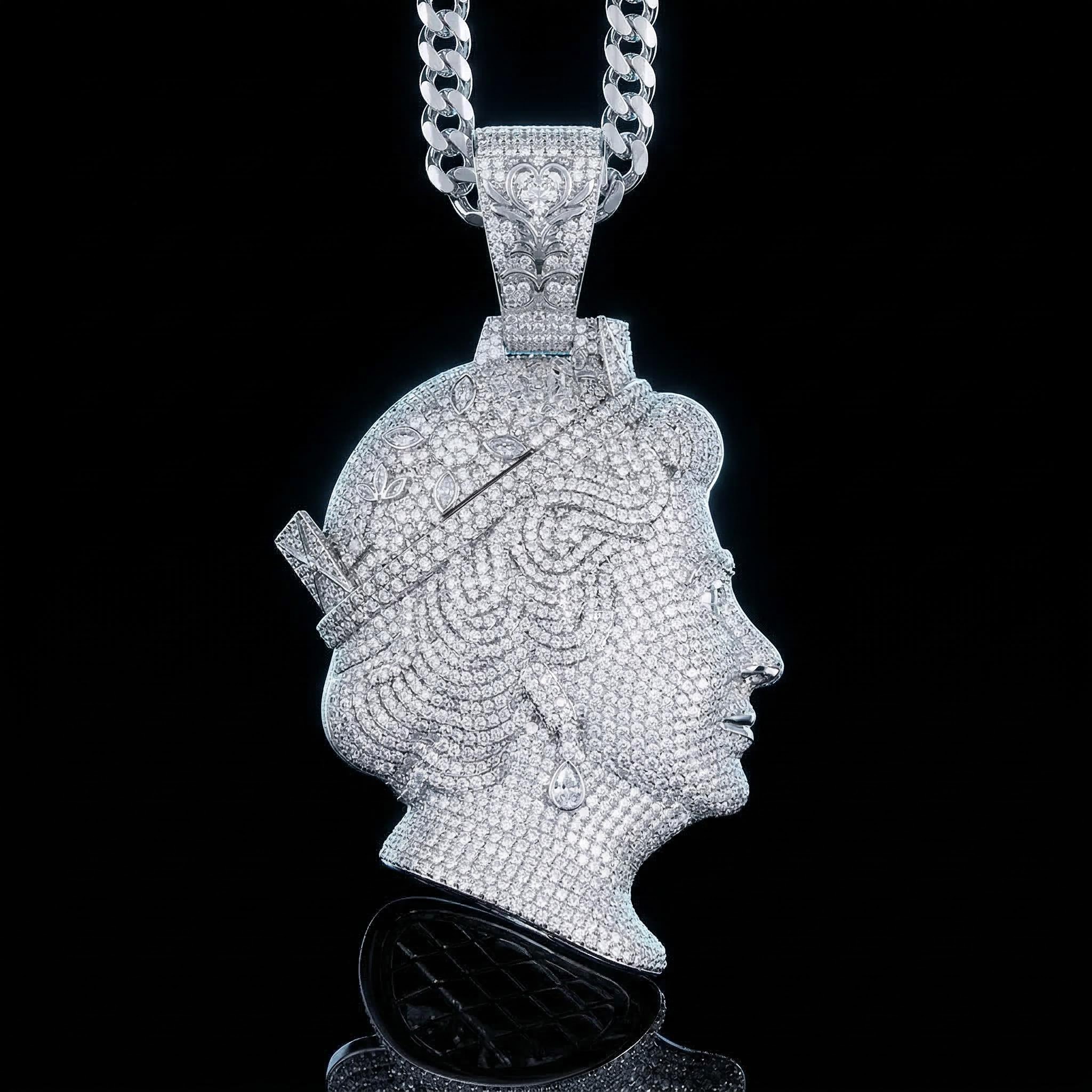 Iced Out Out Dual Queen Elizabeth Pendant Silver With Street Luxury Shine