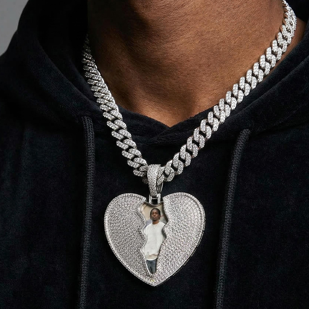 Iced Out Out 2.2 Broken Heart Custom Photo Pendant With Bold Premium Edge