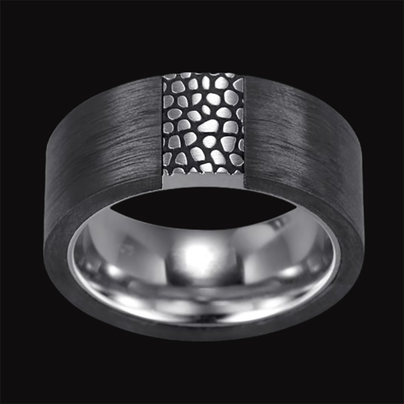 Reptile Texture Matt Black Carbon Ring Silver With Street Luxury Shine