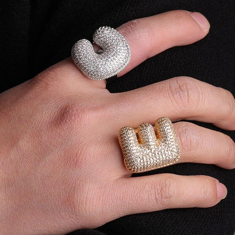 Iced Out Out Bubble A-z Letters Open Ring Gold With Street Luxury Shine - Image 5