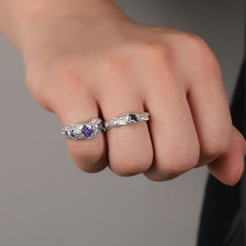 S925 Sterling Silver Purple Stone Irregular Open Ring With Silver Shine - Image 3