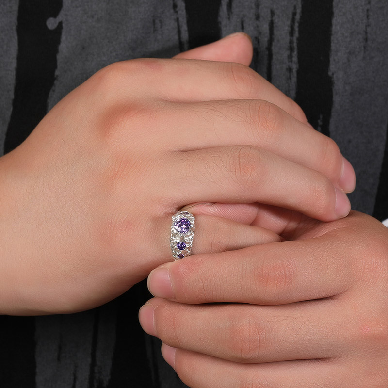 S925 Sterling Silver Purple Stone Irregular Open Ring With Silver Shine - Image 4