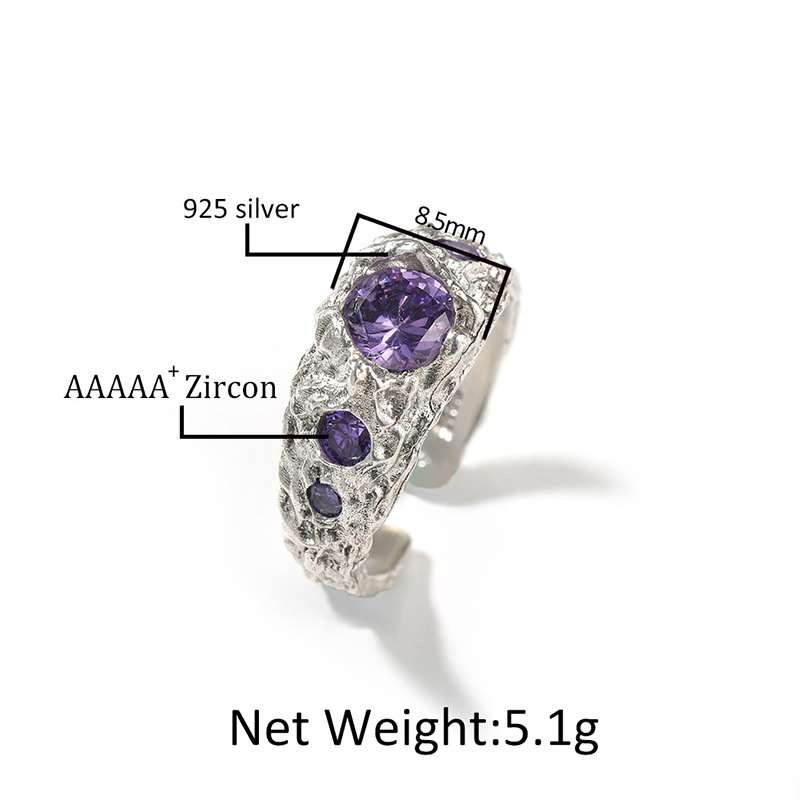 S925 Sterling Silver Purple Stone Irregular Open Ring With Silver Shine - Image 6