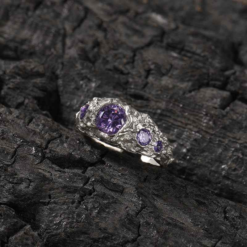 S925 Sterling Silver Purple Stone Irregular Open Ring With Silver Shine - Image 7