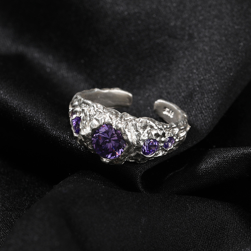 S925 Sterling Silver Purple Stone Irregular Open Ring With Silver Shine