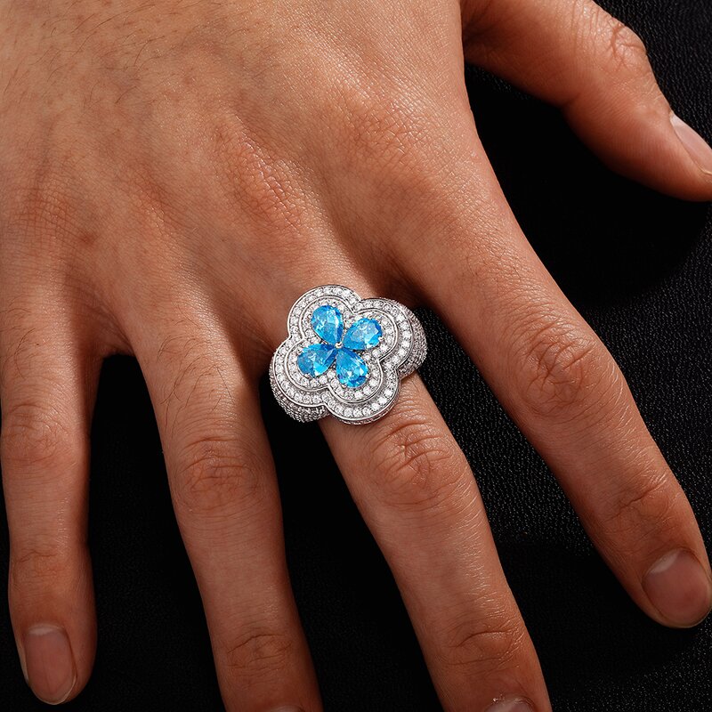 Iced Out Blue Stone Flower Ring Gold With Street Luxury Shine - Image 3