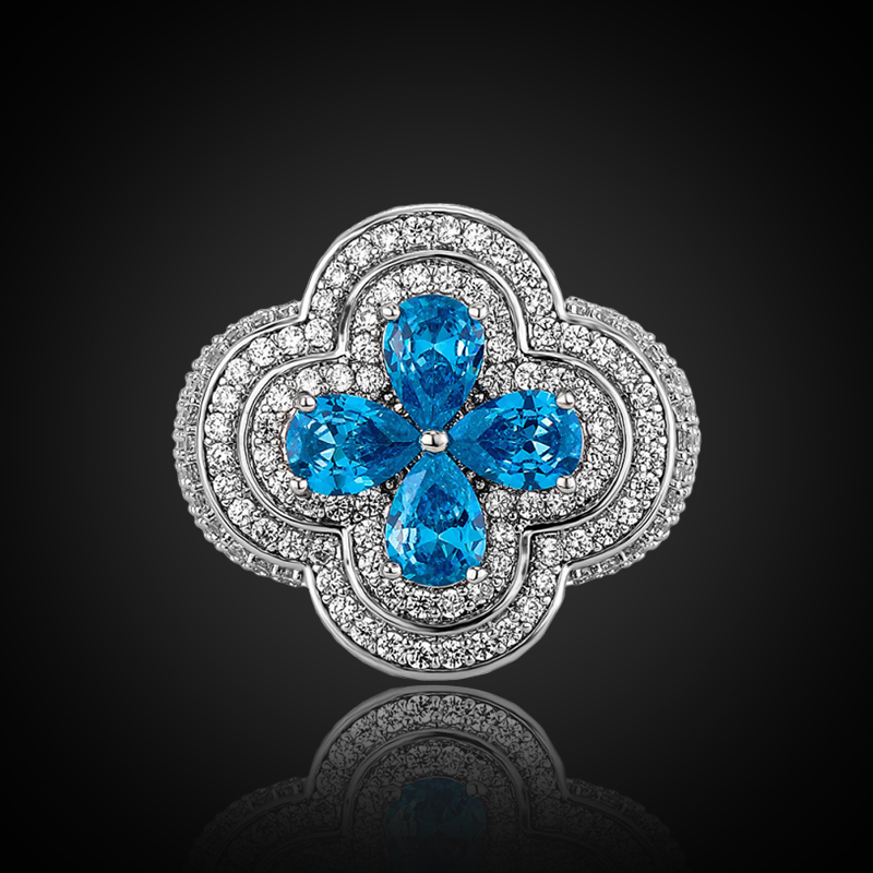 Iced Out Blue Stone Flower Ring Gold With Street Luxury Shine