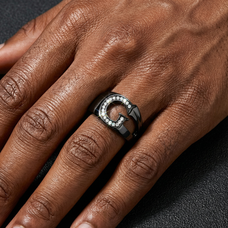 Initial Letter Ring For Men In Black Gold With Street Luxury Shine - Image 3