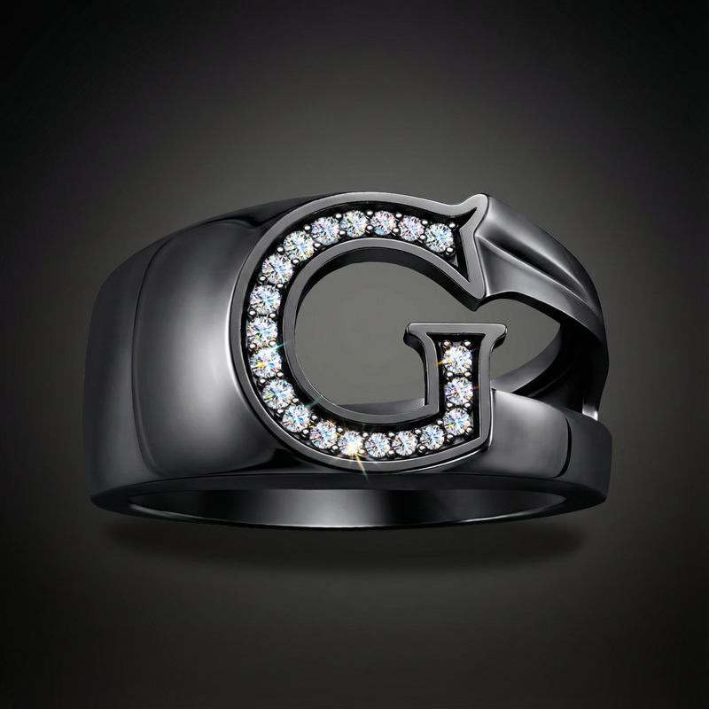 Initial Letter Ring For Men In Black Gold With Street Luxury Shine