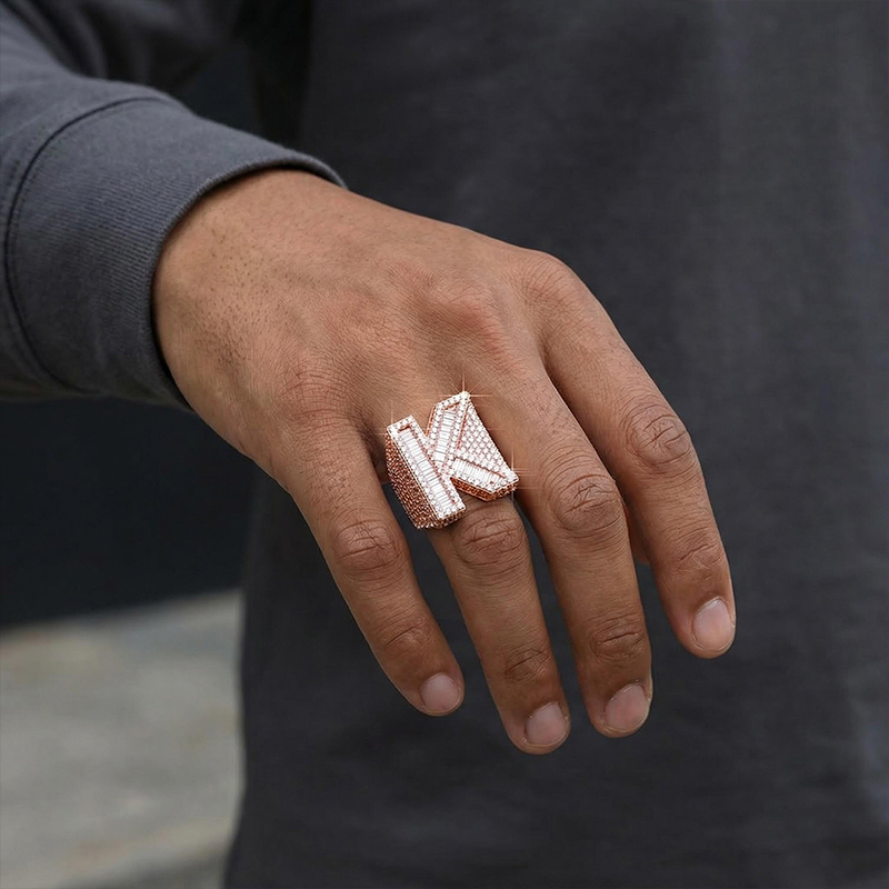 Street Luxury Iced Out Out Baguette Cut Alphabet Letters Ring In Rose Gold - Image 3