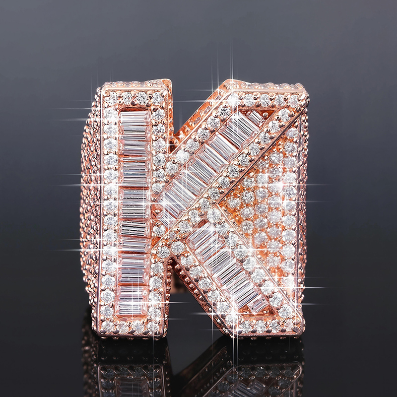Street Luxury Iced Out Out Baguette Cut Alphabet Letters Ring In Rose Gold