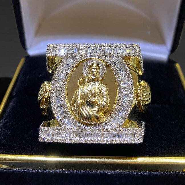 Iced Out Out Baguette Cut St. Jude Ring Gold With Street Luxury Shine