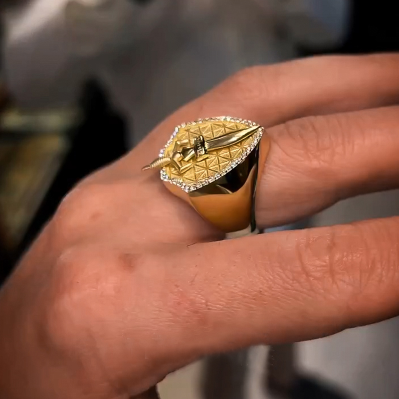 Three-dimensional Sword Shield Shaped Ring Gold With Street Luxury Shine - Image 3