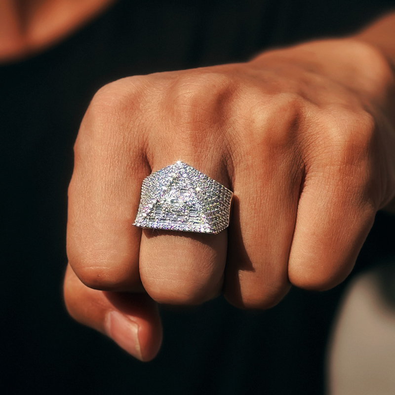 Iced Out Out Triangle Pyramid Eye Of Horus Marquise & Baguette Cut Ring In - Image 4