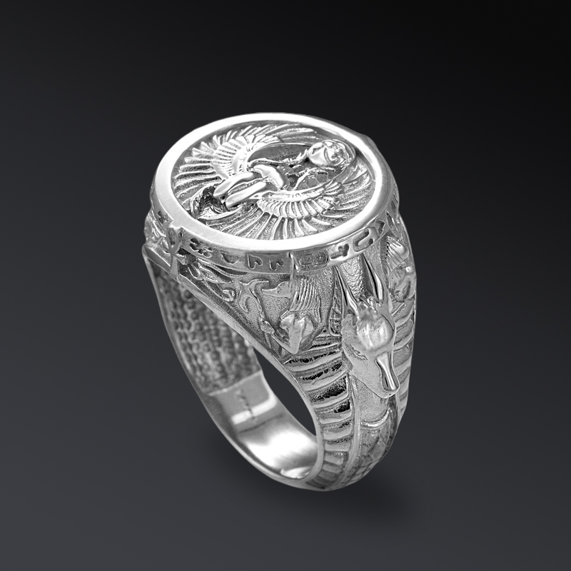 Ancient Egyptian Mythology Scarab Beetle Anubis Horus Ring Gold - Image 4