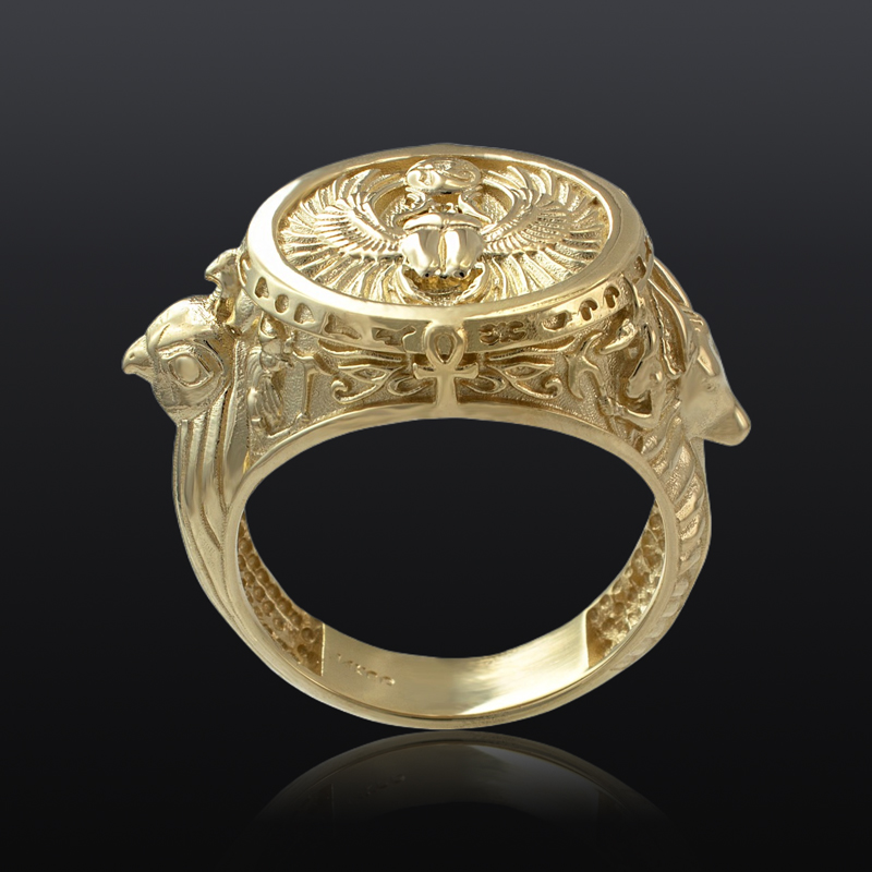 Ancient Egyptian Mythology Scarab Beetle Anubis Horus Ring Gold - Image 5