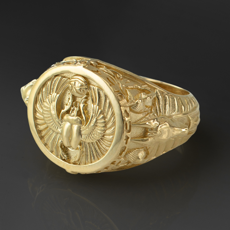 Ancient Egyptian Mythology Scarab Beetle Anubis Horus Ring Gold - Image 6