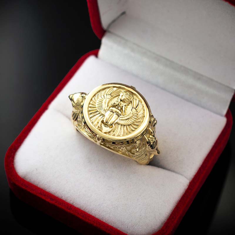 Ancient Egyptian Mythology Scarab Beetle Anubis Horus Ring Gold - Image 7
