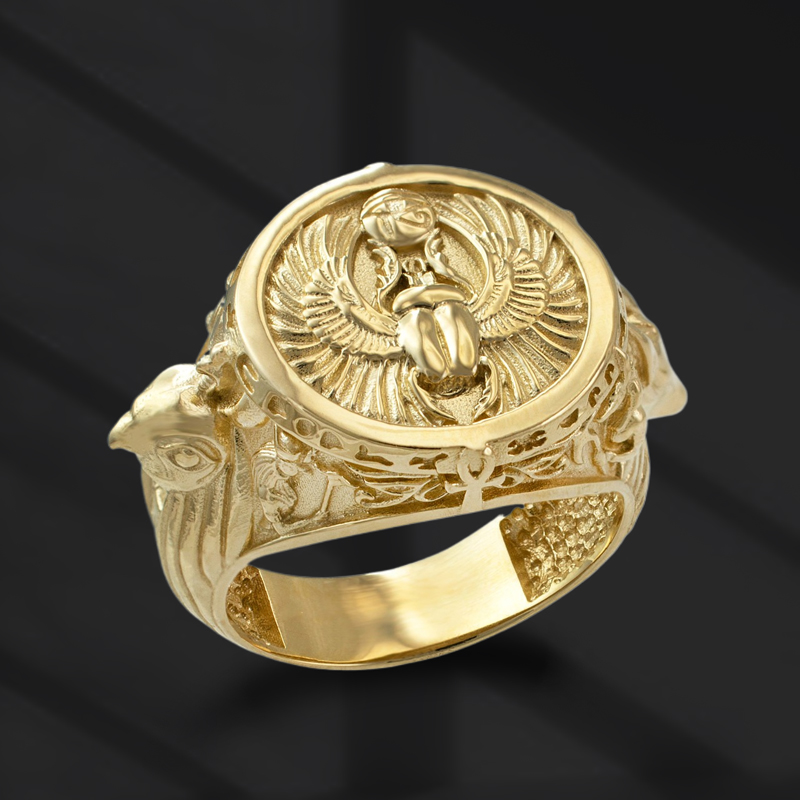 Ancient Egyptian Mythology Scarab Beetle Anubis Horus Ring Gold