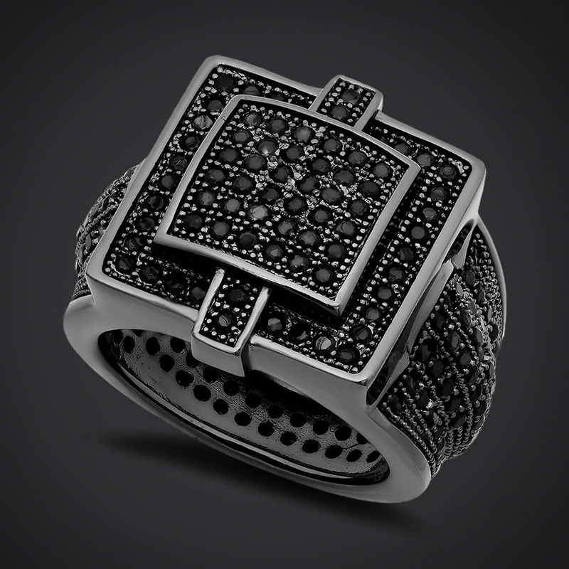 Square Iced Out Out Ring With Black Stones Gold With Street Luxury Shine