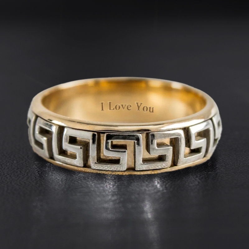 Greek Key Two-tone Wedding Band Ring Gold With Street Luxury Shine