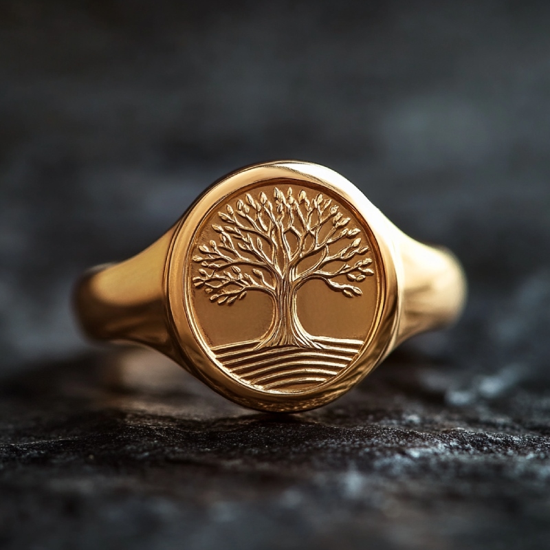 Men's Engraved Lucky Tree Of Life Oval Signet Ring Diamond