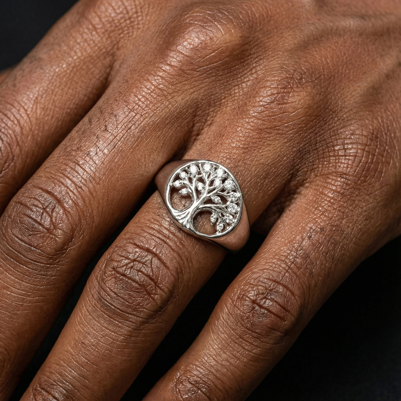 Diamond Lucky Hollow Tree Of Life Round Signet Ring With Iced Out Shine - Image 3