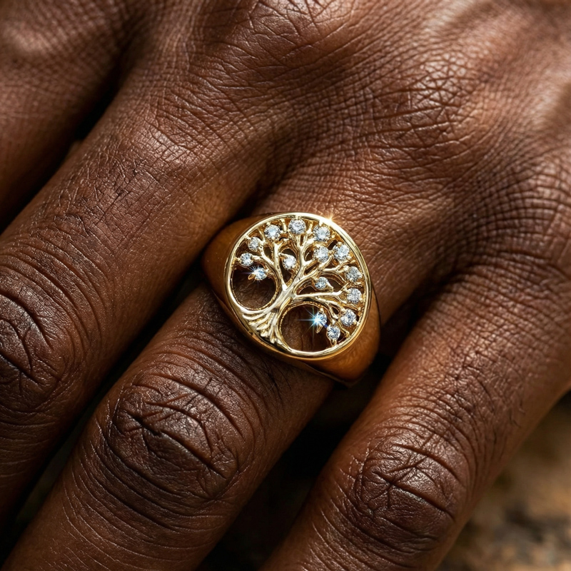 Diamond Lucky Hollow Tree Of Life Round Signet Ring With Iced Out Shine - Image 4